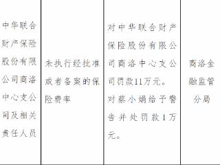 中华联合财产保险商洛中心支公司因未执行经批准或者备案的保险费率被罚款11万元