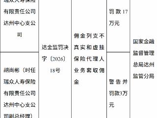 瑞众人寿达州中心支公司因佣金列支不真实和虚挂保险代理人业务套取佣金被罚款17万元