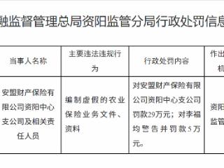 安盟财产保险资阳中心支公司因编制虚假的农业保险业务文件、资料被罚款29万元