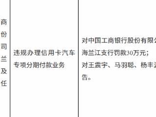 中国工商银行延吉海兰江支行因违规办理信用卡汽车专项分期付款业务被罚款30万元