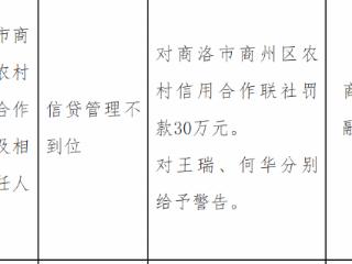 商洛市商州区农村信用合作联社因信贷管理不到位被罚款30万元