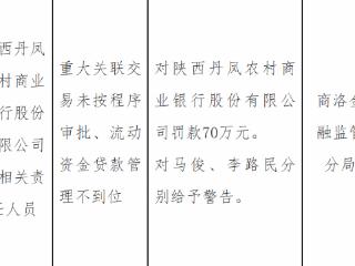 陕西丹凤农村商业银行因重大关联交易未按程序审批等被罚款70万元