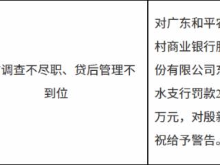 广东和平农村商业银行东水支行因贷前调查不尽职、贷后管理不到位被罚款25万元