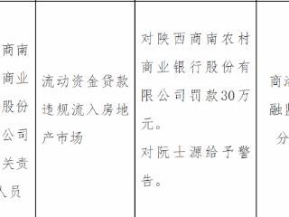 陕西商南农村商业银行因流动资金贷款违规流入房地产市场被罚款30万元
