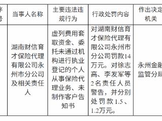 湖南财信育才保险代理永州市分公司因虚列费用套取资金等被罚款14万元