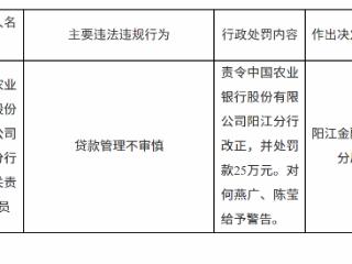 中国农业银行阳江分行因贷款管理不审慎被罚款25万元
