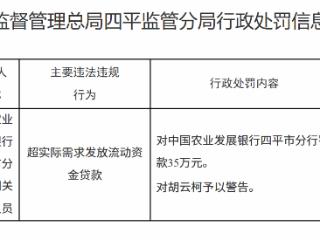 中国农业发展银行四平市分行因超实际需求发放流动资金贷款被罚款35万元