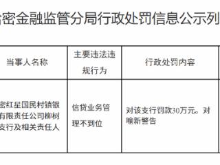 哈密红星国民村镇银行柳树泉支行因信贷业务管理不到位被罚款30万元