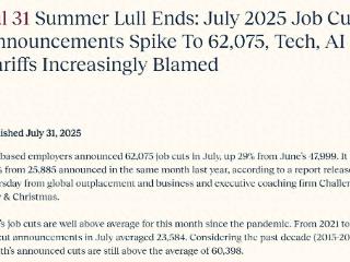 美国7月挑战者裁员数据同比激增140% 原因包括AI和关税
