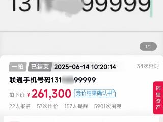 尾号99999手机号拍出26.13万元，溢价率超160%