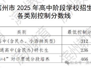 滨州市2025年高中阶段学校招生各类别控制分数线