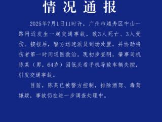 广州交警：64岁男子低头看手机致车辆失控引发事故 造成3死3伤