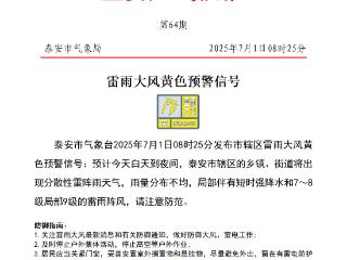 泰安发布重要天气预报：局部伴有短时强降水和7~8级局部9级的雷雨阵风