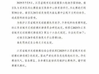 苏超官方：南京队球员杨笑天出现不文明动作 停赛1场