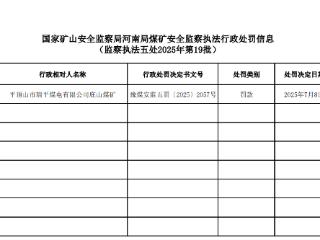 上榜这处行政处罚信息，平顶山瑞平煤电庇山煤矿再收罚单