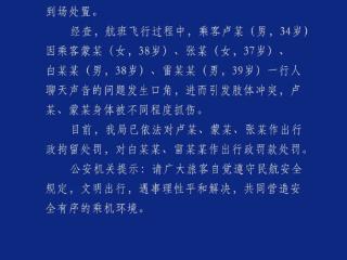 吉隆坡飞成都航班多名乘客打架，四川机场公安：3人拘留，2人罚款