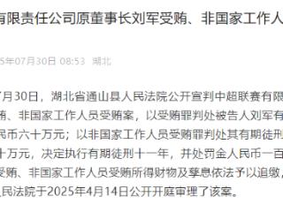 中超联赛有限责任公司原董事长刘军一审获刑十一年