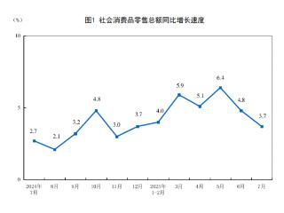 1-7月消费呈现稳健态势，社会消费品零售总额同比增长4.8%