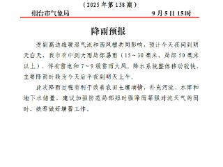 烟台将迎中到大雨局部暴雨，主要降雨时段公布