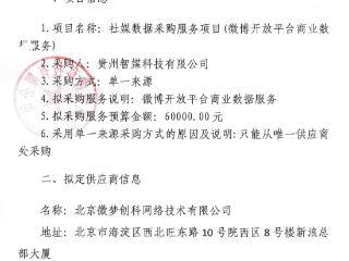 贵州智媒科技有限公司通过单一来源采购微博开放平台商业数据公示