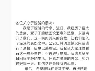 于朦胧母亲：于朦胧因饮酒意外坠楼 希望大家不再进行猜测