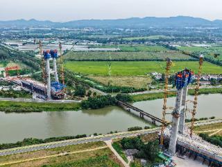 沪宁合高铁南京特大桥跨滁河斜拉桥主塔封顶