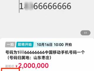 “1**66666666”手机号即将200万元起拍，已有1人报名竞拍