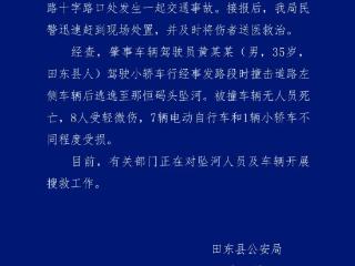 广西田东警方通报“男子撞车后逃逸坠河”：8人受轻微伤