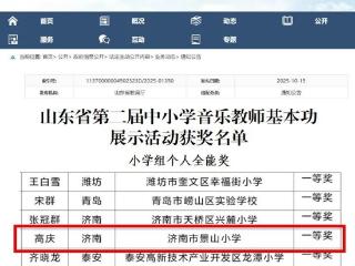 济南市景山小学老师荣获山东省第二届中小学音乐教师基本功展示活动“全能一等奖”
