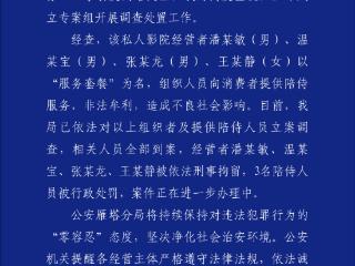 西安雁塔公安通报“私人影院存在异性陪侍服务”：4名经营者被刑拘，3名陪侍人员被行政处罚