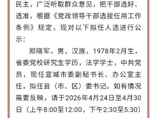 宣城发布干部任前公示公告：一名县（市、区）委书记拟任人选在列