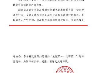 湖南足协通报“14岁小球员遭张家界足球队殴打”：暂停涉事人员参加省内一切足球活动，责成张家界足协立即调查本次事件，处理涉事人员