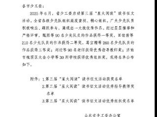 临沂第六中学闫舒荀同学在山东省第三届“星火阅读”读书征文活动中荣获一等奖！